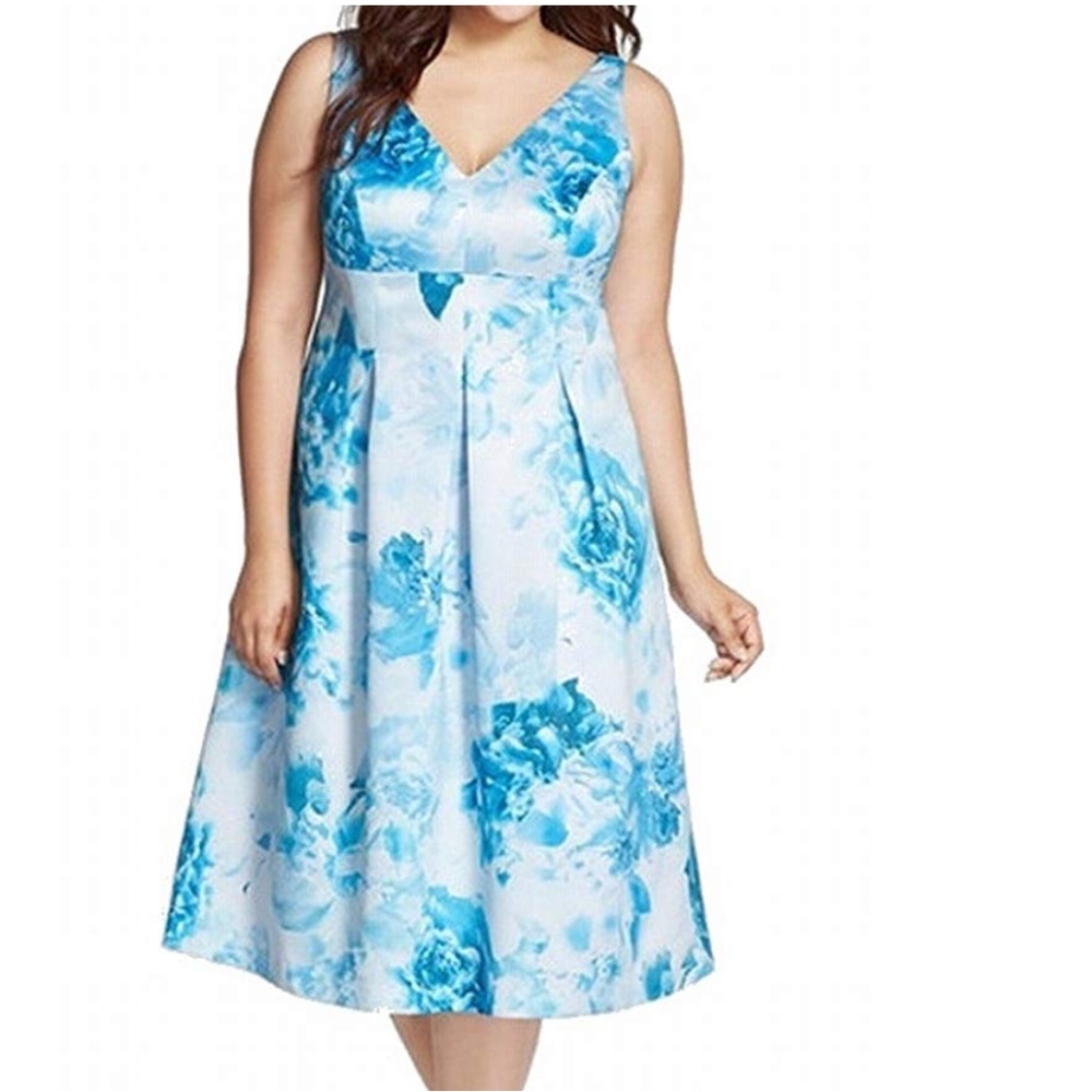 Adrianna Papell Tea Length Floral Blue Satin Dress